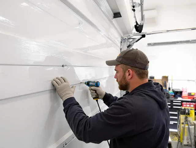 Rock Hill Garage Door Repair technician demonstrating precision dent removal techniques on a Rock Hill garage door