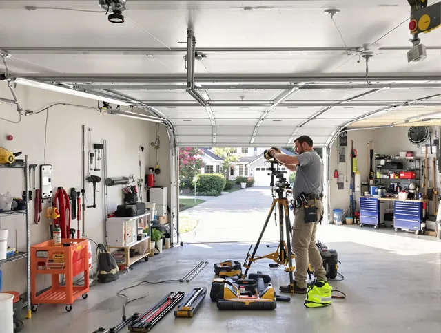 Rock Hill Garage Door Repair specialist performing laser-guided track alignment in Rock Hill
